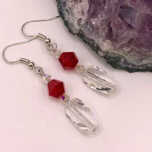 Red & Clear Austrian Crystal Beads Handmade Pierced Earrings LR139
